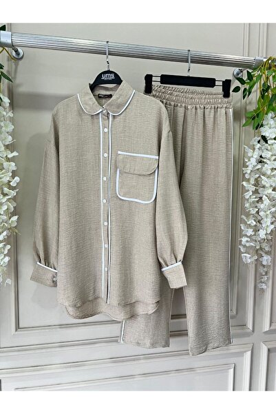 Viskosa Women's Shirt Collar Piping Pocket Buttoned Long Sleeve Casual Fit Elastic Pants Set of Two