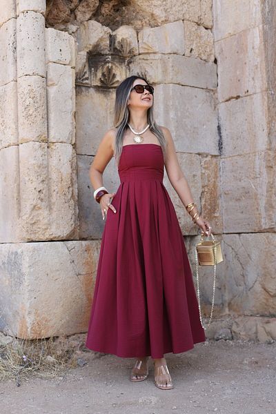 bytugcekaya Burgundy Strapless Pleated Dress