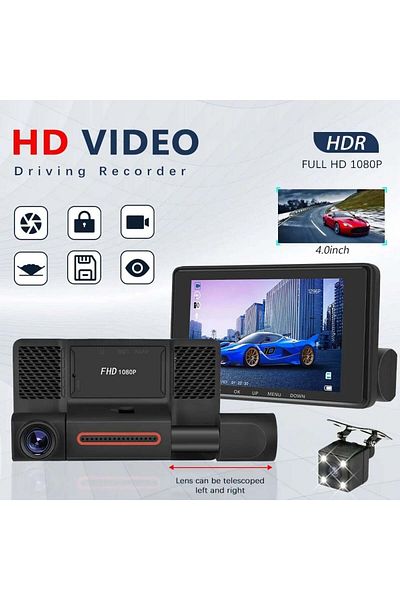 divendi-ro Triple Camera Auto DVR, 4" Display, Full HD 1080p, 170° Angle, Black