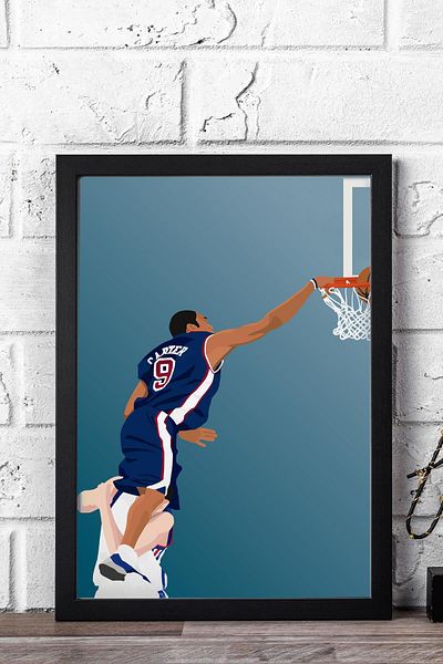Saturn Vince Carter Slam Dunk Framed Painting - Basketball Nba Poster Painting