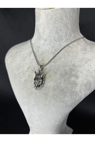 Mos Tespih Wolf Silver Color Steel Necklace