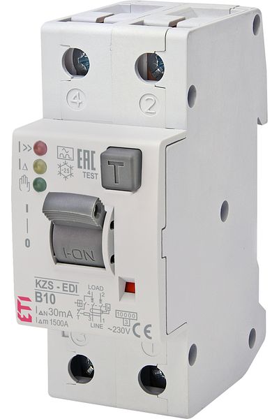 Eti RCBO differential switch, 2P, 10A, 30mA, 10kA, curve B, type A, KZS-EDI, 002172402,