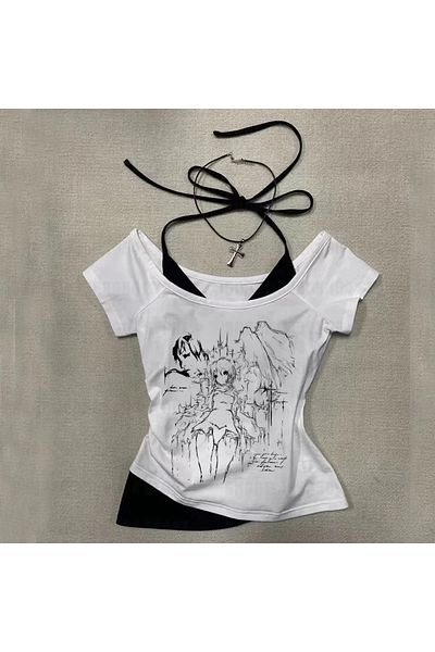 BİQ & TAQ BUTİK White Gothic Anime Collar Short Sleeve Full Body Crop with Additional Strap