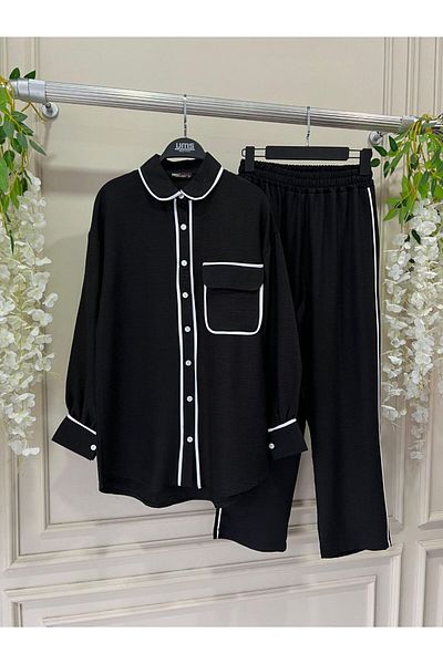 Viskosa Women's Shirt Collar Piping Pocket Buttoned Long Sleeve Casual Fit Elastic Pants Set of Two