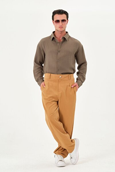 RELAXL 100% Cotton High Waist Wide Leg Pleated Summer Men's Trousers Camel