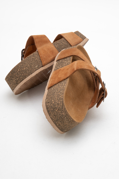 Dericlub Women's Platform Sole Belt Strap Slippers Real Leather Zy 8213 Tan