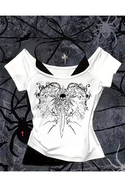 BİQ & TAQ BUTİK White Gothic Skeleton Collar Short Sleeve Full Body Crop with Additional Strap