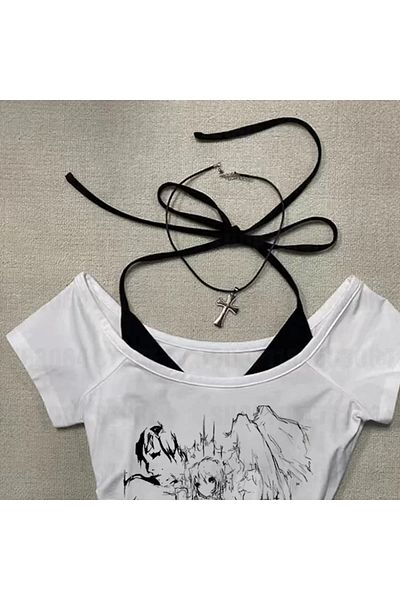 BİQ & TAQ BUTİK White Gothic Anime Collar Short Sleeve Full Body Crop with Additional Strap