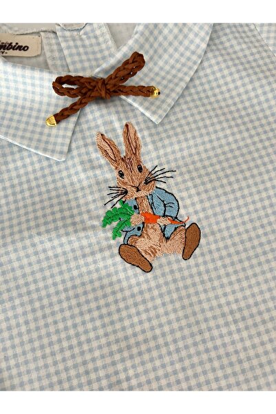il mio bambino İl Mio Bambino Handmade 100% Cotton Baby Boy Rabbit Embroidered Shirt - Blue Plaid - Short Sleeve
