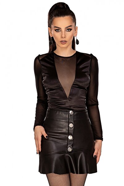 Atmosphere Fashion Fustă scurtă neagră din piele cu nasturi