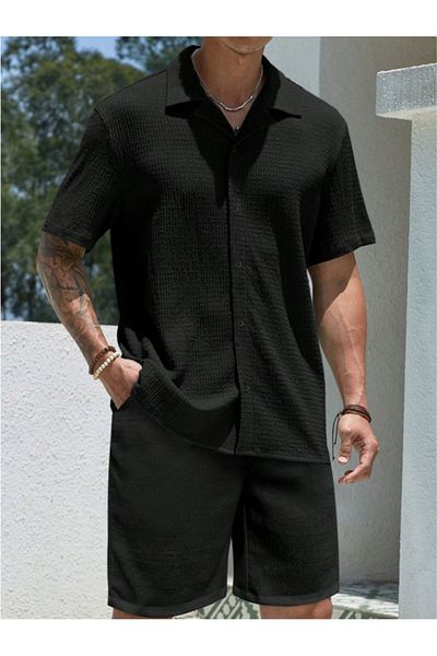 Fifty Color Alaçatı Style, Men'S, Wrinkle, Crinkle Fabric, Summer Lycra Shirt, and Shorts Jogger Set, Combination