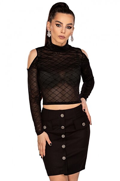 Atmosphere Fashion Bluză scurtă neagră din tul cu umeri decupați