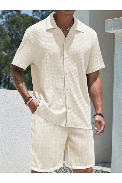 Fifty Color Alaçatı Style, Men'S, Wrinkle, Crinkle Fabric, Summer Lycra Shirt, and Shorts Jogger Set, Combination
