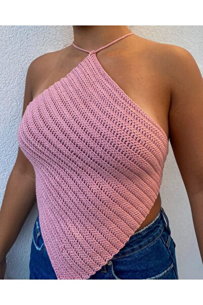 Genel Markalar Kadın El Örgüsü Halter Yaka Büstiyer Kroşe Yazlık Askılı Üst