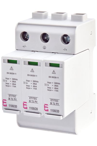 Eti Surge arrester SPD, 3P, T2, 20kA, DC, Uc=1100V, ETITEC M, 002440515,