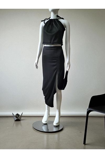 The Fabrics Studio Women's Evening Dress Suit Ribbed Shiny Fabric Slit Crop Suit