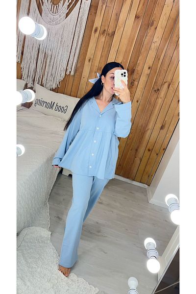 Pijamapartisi Baby Blue Color Long Sleeve Cotton Fabric Wide Mould Maternity Confinement Pajamas Set