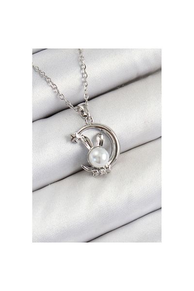 Skygo 316L Steel Pearl Detailed Crescent Rabbit Model Silver Color Women's Necklace - Tj-Bko10348