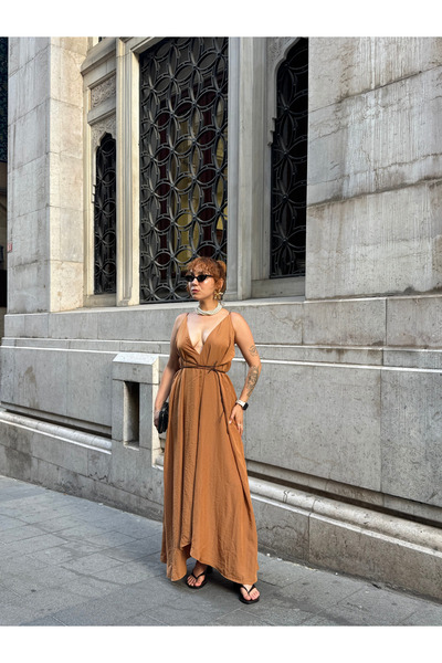 Bak'ap Premium Modal Lined Chest Decolleté Ψάθινο Λεπτομερές μακρύ φόρεμα Helen Alacati