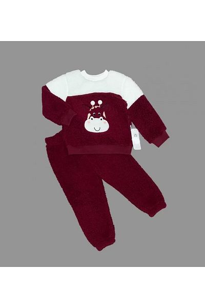 Skygo 1-2-3 Years Old Pom Pom Giraffe Patterned Lamb Fabric Long Sleeve 2-Piece Girls Boys' Set Burgundy