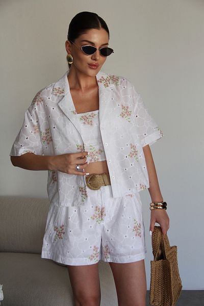Julidress White Patterned Shirt Crop and Straw Belt Shorts 3-Piece Premium Fisto Suit