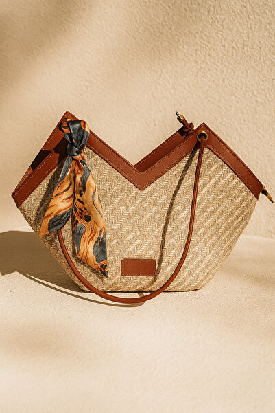 Nova Straw Detailed V-Cut Shoulder Bag - Brown Striped