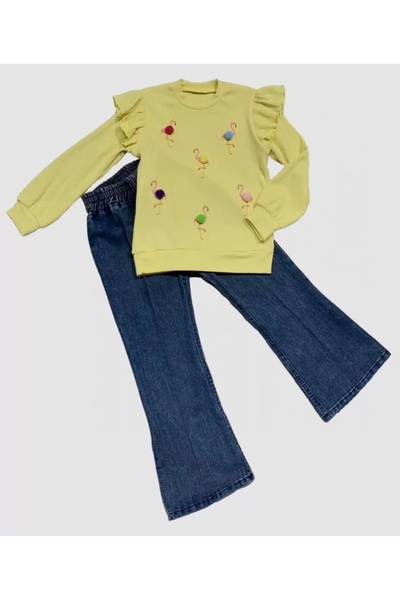 CENEN 4-5-6 Years Old Flamingo Patterned Jersey Sweatshirt with Jeans, Long Sleeve 2-Piece Girls' Set Yellow