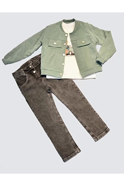 melonika 4-5-6 Years Old Jeans Nubuck Jacket Long Sleeve Jersey Sweat 3-Piece Boys' Set Green