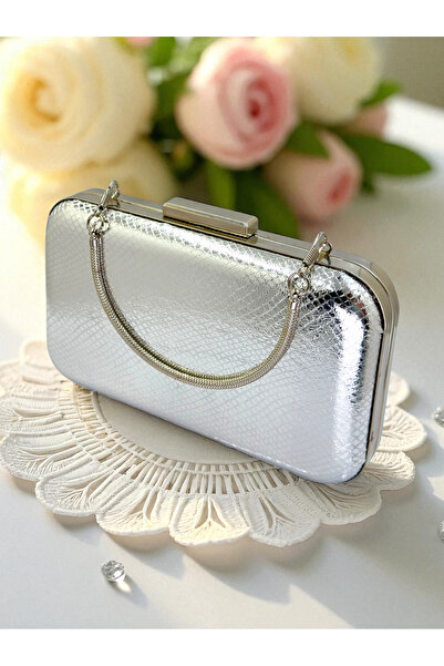 Biçanta Silver Gray Lame Color Snake Pattern Shiny Leather Women's Evening Dress Bag Wedding Engagement Graduation