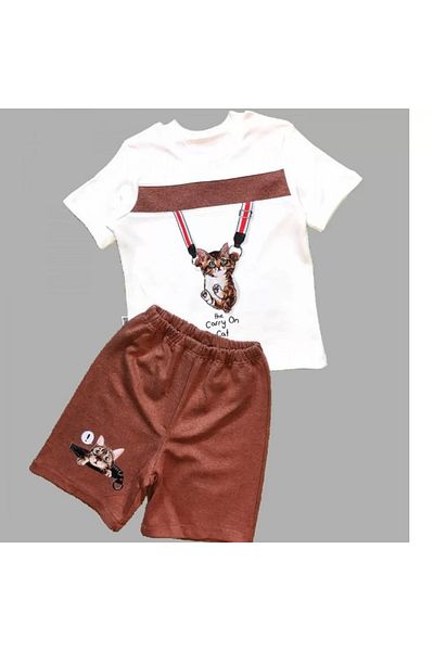 Skygo 1-2-3 Years Old Zippered Cat Printed Short Sleeve T-Shirt 2-Piece Baby Boy Set Brown