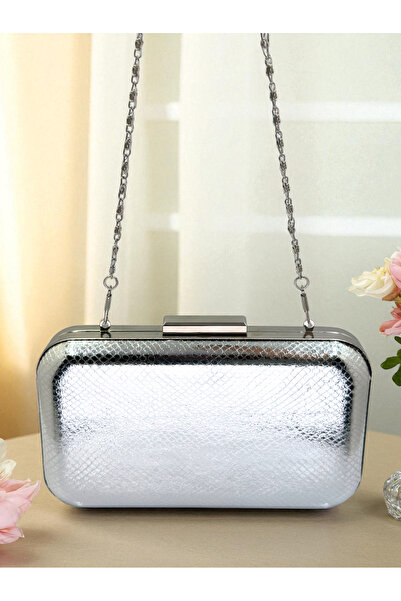 Biçanta Silver Gray Lame Color Snake Pattern Shiny Leather Women's Evening Dress Bag Wedding Engagement Graduation