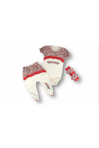 Skygo 3-6 6-9 9-12 Months Mimosa Printed Bandana Short Sleeve Bodysuit 3-Piece Girl Baby Set Pomegranate Flower