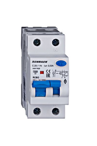 Eti RCBO residual current circuit breaker, 1P+N, 25A, 30mA, 10kA, curve C, type A, AMPARO, AK617625--, Schrack