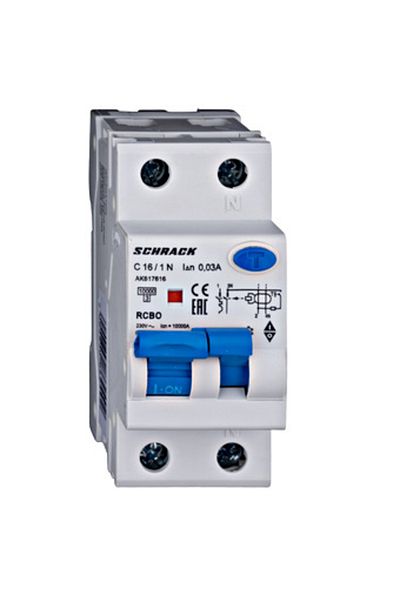 Eti RCBO residual current circuit breaker, 1P+N, 16A, 30mA, 10kA, curve C, type A, AMPARO, AK617616--, Schrack