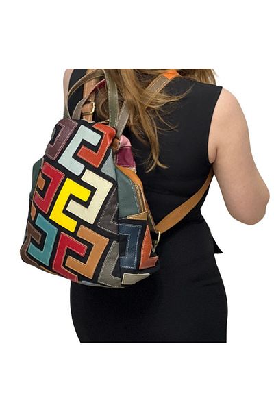 Micutz Women's backpack, Natural Leather, Multicolor with geometric shapes, Italy, 30x35x17 cm, Micutz®