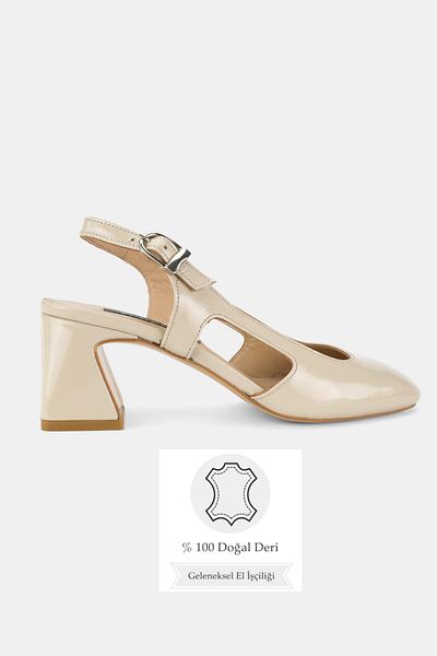 TUNAELLİ Women's Beige Patent Leather Genuine Leather Number 35-41 Medium Heel Back Open Shoes