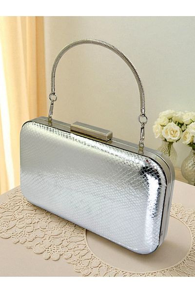 Biçanta Silver Gray Lame Color Snake Pattern Shiny Leather Women's Evening Dress Bag Wedding Engagement Graduation
