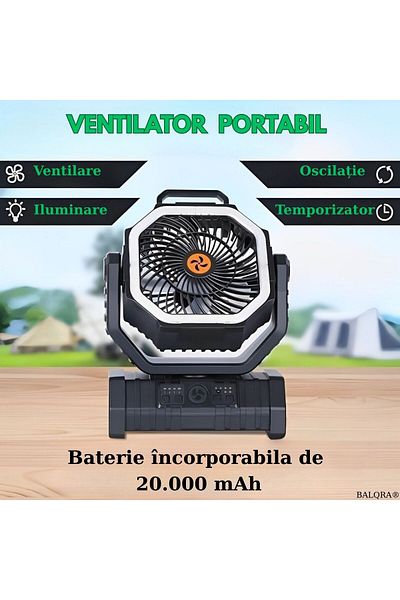 BALQRA Ventilator portabil pentru Camping, Birou, Calatorii, 4 viteze, Telecomanda, Lumina LED, Carlig 360°