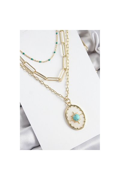 Skygo Brass Multi Chain Blue Beaded Compass Model Gold Color Women's Necklace - Tj-Bko10369