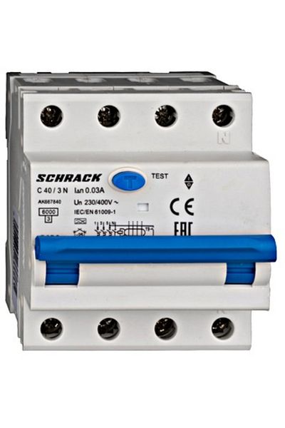 Eti RCBO residual current circuit breaker, 3P+N, 40A, 30mA, 6kA, curve C, type A, AMPARO, AK667840--, Schrack