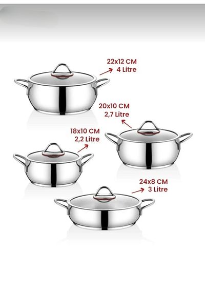 Gülümseten Avm 8 Piece Steel Cookware Set – with Lids, Induction Cooktop Compatible, 4 Different Sizes – 3, 2.2, 2.7, 4 Liters