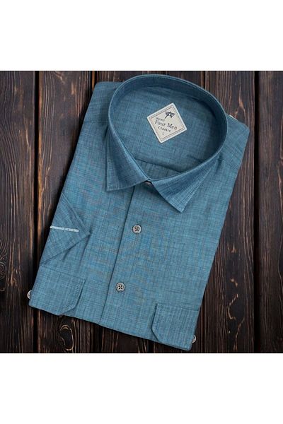 GÖMLEK GALERİSİ Men's Classic Relaxed Fit Flap Double Pocket Short Sleeve Solid Linen Shirt