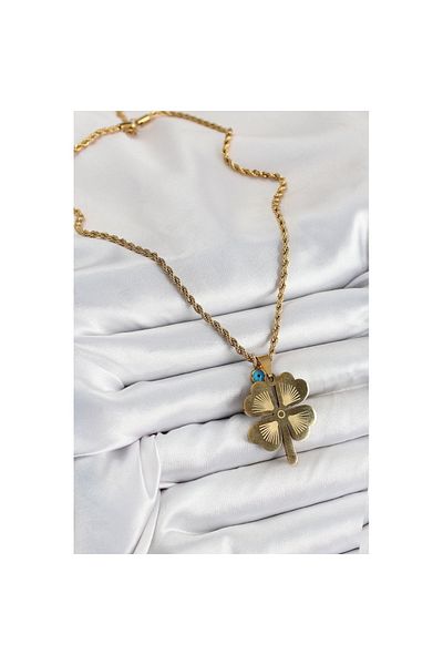 Skygo 316L Steel Twisted Chain Evil Eye Detailed Clover Model Gold Color Women's Necklace - Tj-Bko10377