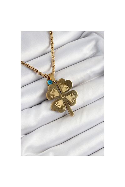 Skygo 316L Steel Twisted Chain Evil Eye Detailed Clover Model Gold Color Women's Necklace - Tj-Bko10377