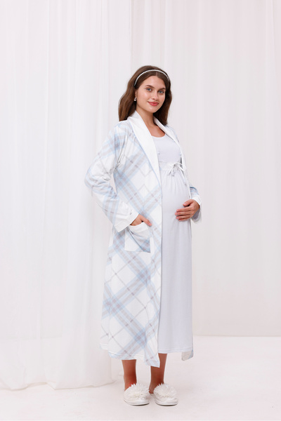 Yulem Homewear Μπλε καρό μακρυμάνικο βαμβακερό νυχτικό εγκυμοσύνης-σετ 2 τεμα...