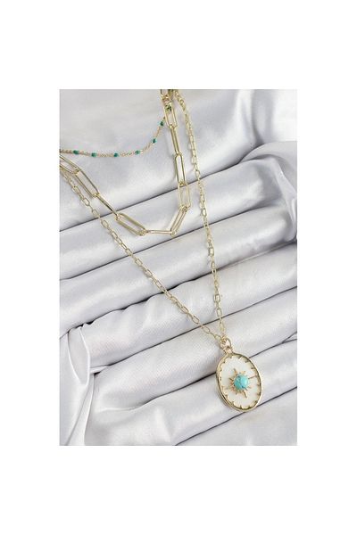 Skygo Brass Multi Chain Blue Beaded Compass Model Gold Color Women's Necklace - Tj-Bko10369