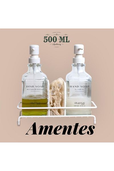 Amentes Διπλός Τετράγωνος Γυάλινος Διανομέας Υγρού Σαπουνιού με Λευκή Αντλία και Βάση 500ml