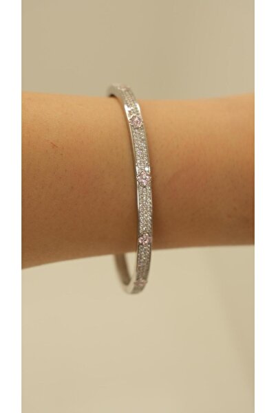 Jerie Silver Full Zirkon Taş Pembe Yonca Kelepçe Bileklik
