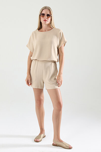 STİLL C&M Women's Beige Color Ayrobin Fabric Bottom Top Shorts Suit