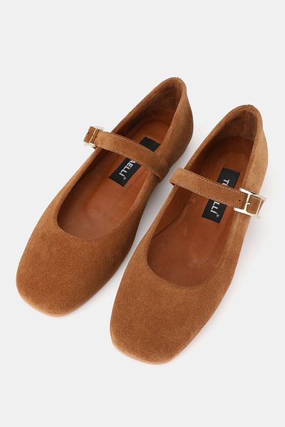 TUNAELLİ Women's Taba Suede Khaki Natural Leather 35-41 Number Buckle Banded Ballet Flat